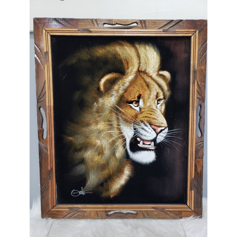 Mid Century Modern Original David Ortiz Velvet Painting Lion King Framed 20x23
